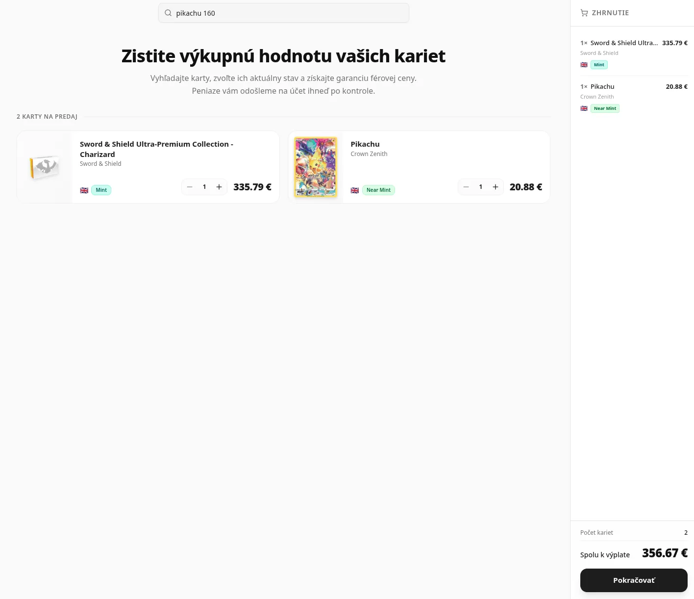 Výkup Kariet detail karty s oceňovaním